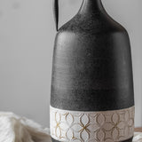 Rustic Metal Display Vase With a Dark Grey Paint and an Off-White Decor Band with a Beige Design
