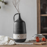 Rustic Metal Display Vase With a Dark Grey Paint and an Off-White Decor Band with a Beige Design