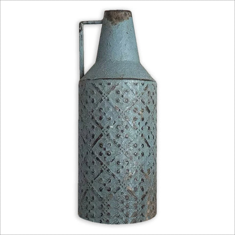 Rustic Metal Display Vase With a Turquoise Paint With aNaturally Aged Look