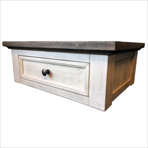 Off-White Floating Bedside Table With Rustic Brown Wooden Top And Back French Cleat