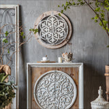 Circular Solid Wood Grain and Rustic Metal Flowing Design Wall Art With a Centre Flower Display