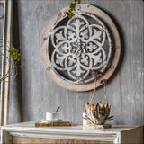 Circular Solid Wood Grain and Rustic Metal Flowing Design Wall Art With a Centre Flower Display