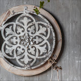 Circular Solid Wood Grain and Rustic Metal Flowing Design Wall Art With a Centre Flower Display