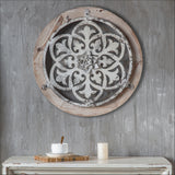 Circular Solid Wood Grain and Rustic Metal Flowing Design Wall Art With a Centre Flower Display