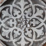 Circular Solid Wood Grain and Rustic Metal Flowing Design Wall Art With a Centre Flower Display