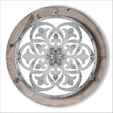 Circular Solid Wood Grain and Rustic Metal Flowing Design Wall Art With a Centre Flower Display