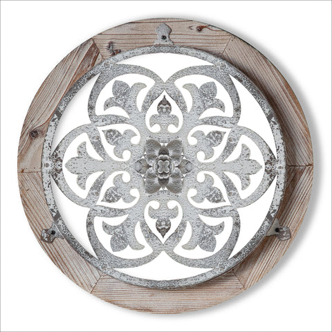 Circular Solid Wood Grain and Rustic Metal Flowing Design Wall Art With a Centre Flower Display