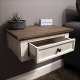 Off-White Floating Bedside Table With Rustic Brown Wooden Top And Back French Cleat